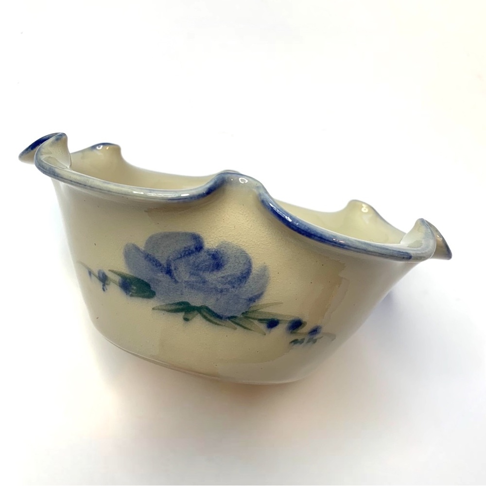 KOVAK POTTERY Bowl Blue Rose Ruffled Edge Seagrove NC Small Medium